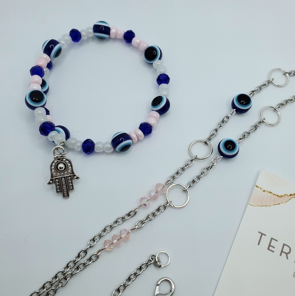 TMD - Evil Eye Bracelet / Necklace Set w/ Hamsa Charms - Silver, Pink and Blue - Picture 6 of 8